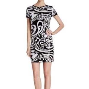 MICHAEL MICHAEL KORS Black White Sequined Shift Dress Paisley XS Party Cocktail